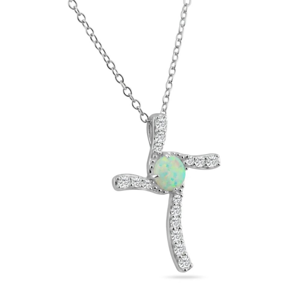 Sterling Silver 925 Rhodium Plated Round Opal Clear CZ Cross Pendant Necklace